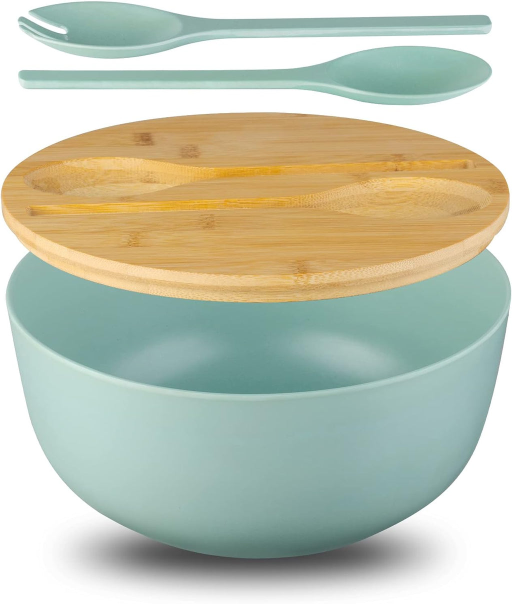 Bamboo Fiber 10 ″ Large Salad Serving Bowl Set with Wooden Lid & Servers, 3.5Qt Big Bowl with Utensils for Mixing Salad,Fruit,Pasta,Lightweight & Dishwasher Safe, Ideal Gift for Home - Teal Color