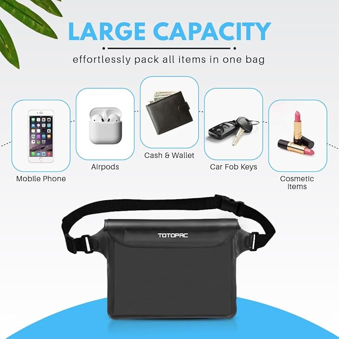 2-Pack Waterproof Fanny Pack, Phone Pouch with Waist Strap, 9x6.7 Inch Dry Bag for Phone, Cash, and Valuables – for Swimming, Kayaking, Boating, Snorkeling, and Water Sports (2, Black + Black)