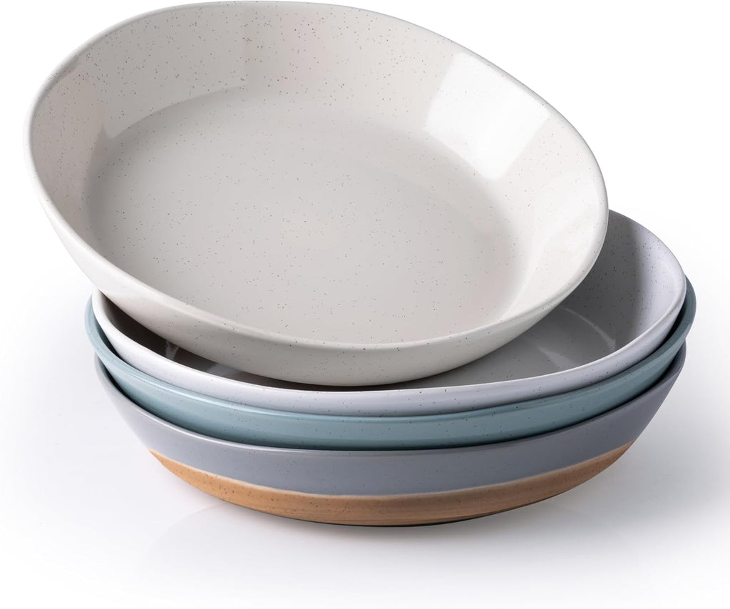 AmorArc 9.5'' Large Ceramic Pasta Bowls, 38oz Handpainted Stoneware Bowls Set of 4, Microwave&Dishwasher Safe Bowls with Wavy Rim&Rustic Terracotta Underside for Fruit Pasta Salad, Multi-Color