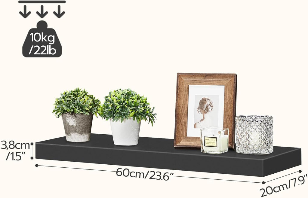 HOOBRO Floating Shelves for Wall, Wall Mounted Shelf Set of 2, 23.6" Hanging Shelf with Invisible Brackets, for Wall in Bathroom, Bedroom, Toilet, Kitchen, Living Room, Office, Black BK60BJ01