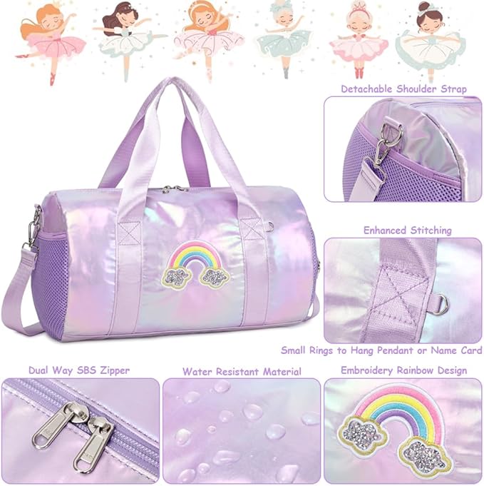 Dance Bag for Girls Dancers Ballet Bag Shiny Rainbow Sports Duffle Bag for Girls Ballerina Gym Duffle with Waterproof Dry Wet Separated Compartment