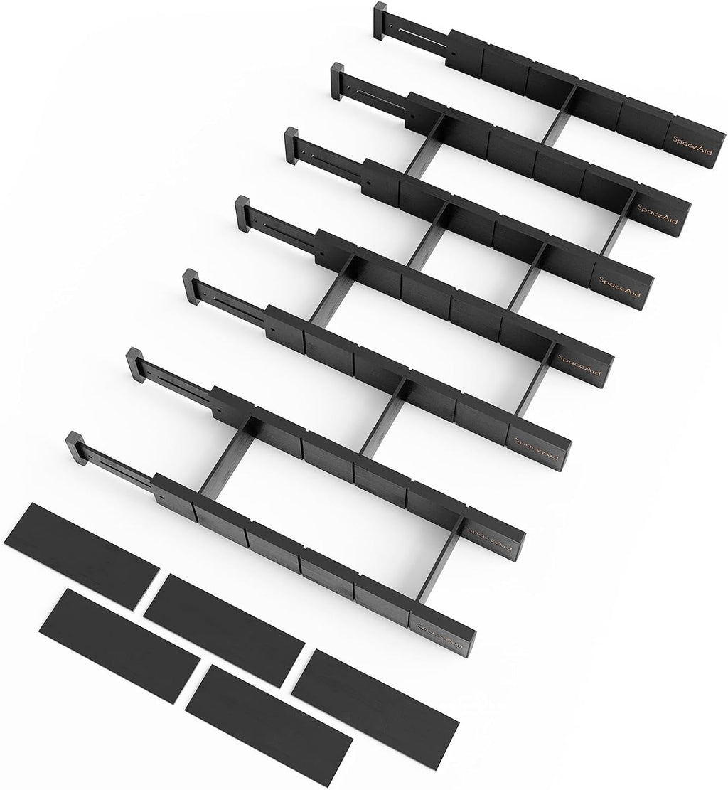SpaceAid Bamboo Drawer Dividers with Inserts and Labels, Kitchen Adjustable Drawer Organizers, Expandable Organization for Home, Office, Dressers, 7 Dividers with 15 Inserts (17"-22" Black)