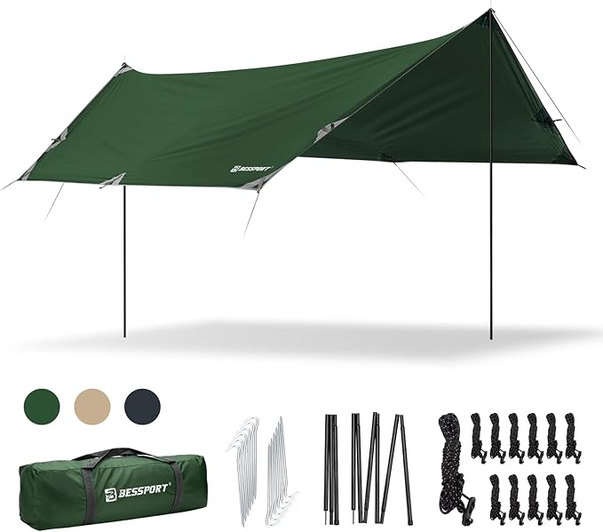 Bessport Camping Tarp, 169.8FT with 2 Poles, Lightweight Car Awning Sunshade, Portable Multifunctional Backpacking Rain Fly Hammock for Outdoor, Traveling