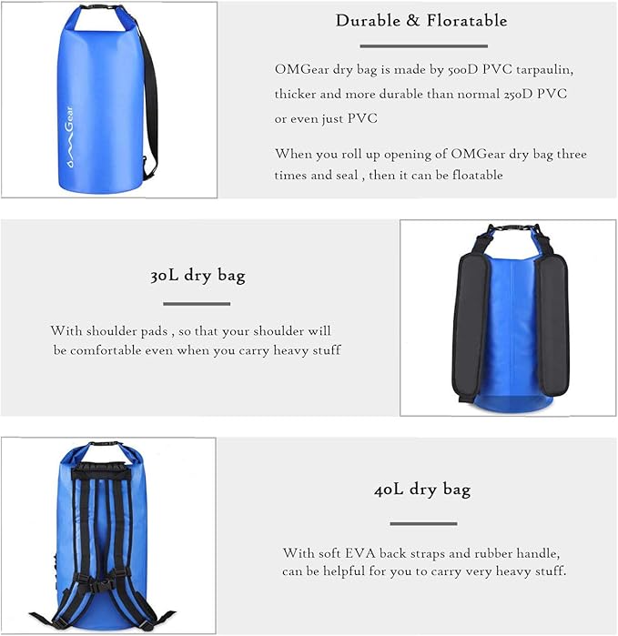 OMGear Waterproof Dry Bag Backpack Phone Pouch 40L/30L/20L/10L/5L Floating Dry Sack for Kayaking Boating Outdoors Activities