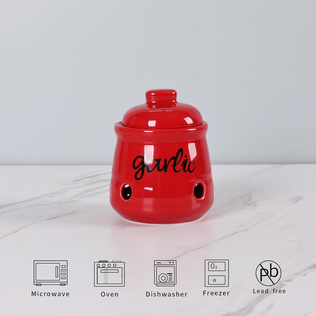 HAOTOP Garlic Keeper with Lid, Ceramic Mini Garlic Saver Container for Countertop, Farmhouse Kitchen Decor (Red)