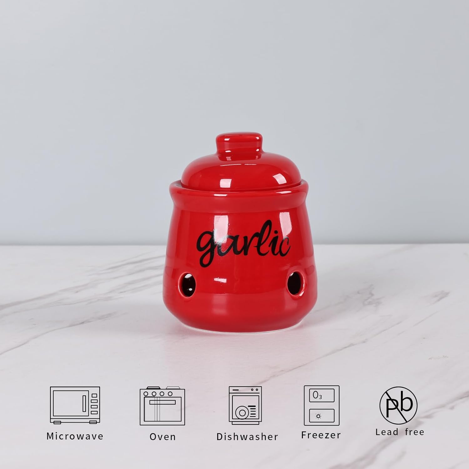 HAOTOP Garlic Keeper with Lid, Ceramic Mini Garlic Saver Container for Countertop, Farmhouse Kitchen Decor (Red)