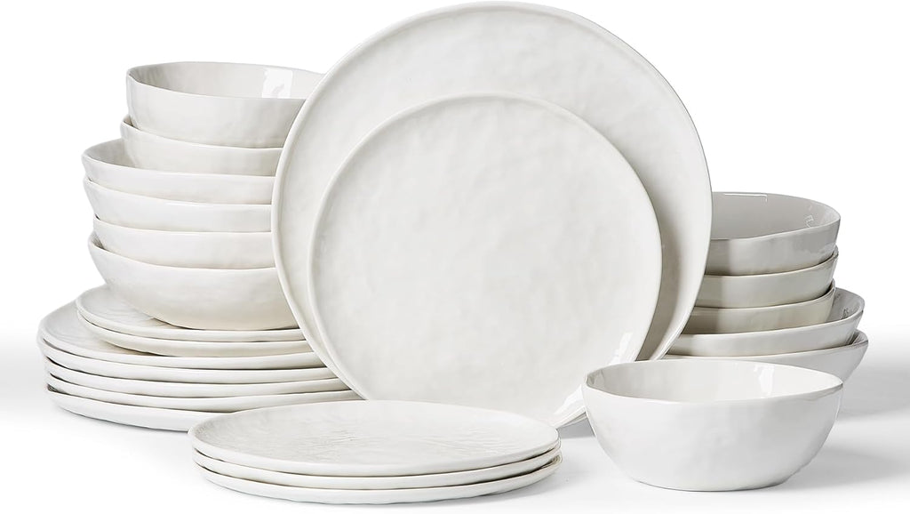 Famiware Porcelain kitchen plates and bowls set, Modern dishes set for 6, Handmade Wave Edge Dinnerware Sets, Microwave and Dishwasher Safe Tableware, Polar White (24pc)