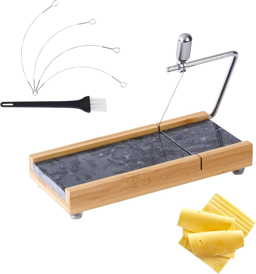 Tianman Cheese Slicer Cheese Cutter with 4 Replacement Cutting Wire,Heavy Duty 8.27"x 4.4",Marble Board Cheese Slicer for Block Cheeses, Butter,Cakes and More(Black Grey)