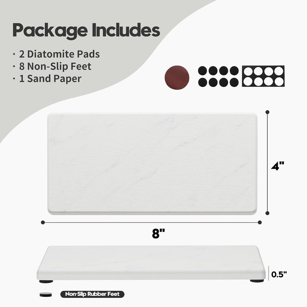 2PCS Diatomite Marble Stone Drying Mat for Kitchen Counter, Water Absorbing Soap Tray Stone Faucet Mat for Bathroom, Quick Dry Splash Guard Sink Protector, Vanity Dish Dispenser Sponge Holder, 8"x3.8"