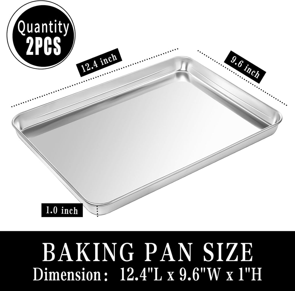 Stainless Steel Baking Sheet Set, 2 Pcs Quarter Cookie Sheet Pan Baking Trays for Oven, Non Stick and Heavy Duty and Easy Clean, 12.4 x 9.6 x 1 Inch
