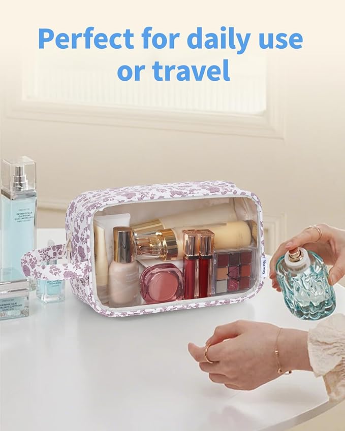 Narwey Clear Makeup Bag Cosmetic Bag with Zipper for Travel, Clear Toiletry Bags for Traveling Toiletries Women Men, Make Up Pouch with Handle, Skincare Bag (Little Dusty Pink Flower)