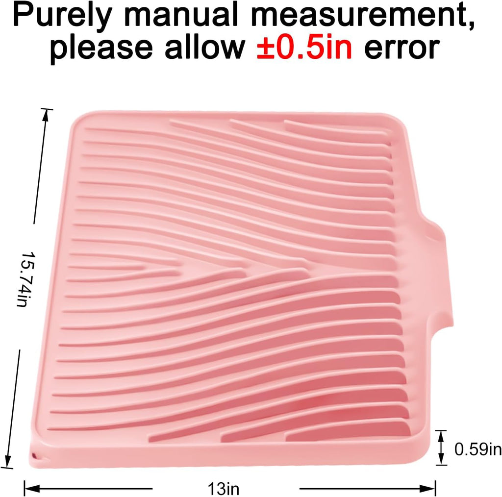 Silicone Dish Drying Mat for Kitchen Counter, Dish Drying Pad, Non-Slip Drain Pad with Built-in Drain, Heat Resistant Stone Drying Mat(15.8" x 13", Pink)