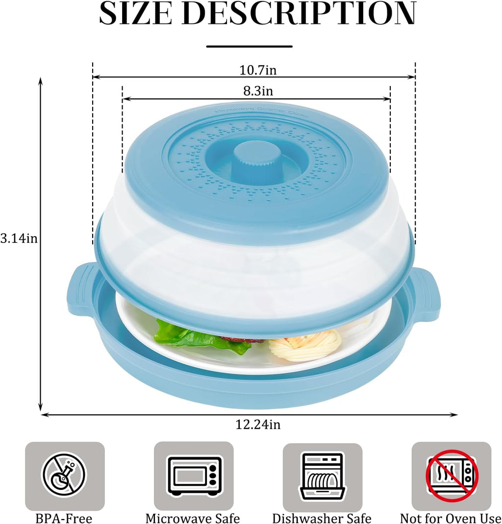 10.7 Inch Microwave Food Cover with Heat Insulation Mat, Anti-Scald Collapsible Microwave Splatter Cover, Multi-Functional as Colander & Fruit Plate, Dishwasher Safe, Ideal for Meal Prep (Blue)
