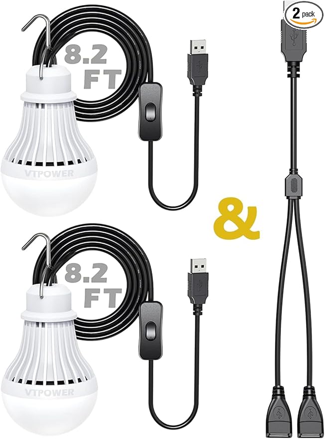 2 Pack USB Light Bulb, USB LED Camping Light Lantern, 8.2 ft Extra Length Cord Tent Light with USB Y-Cable, Portable LED Bulb for Garage Warehouse Car Truck Fishing Boat Room Emergency Light, White