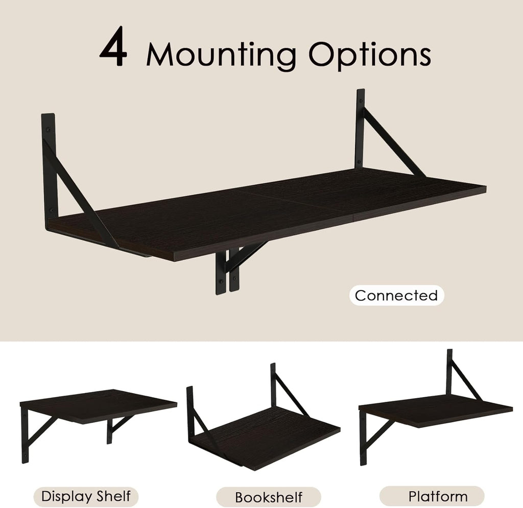 DINZI LVJ Deep Floating Shelves, 16" W x 12" D Wall Shelves Set of 2, Wide Display Shelf Wall Mounted with Brackets, Easy-to-Install Wall Bookshelf for Living Room, Bathroom, Bedroom, Espresso