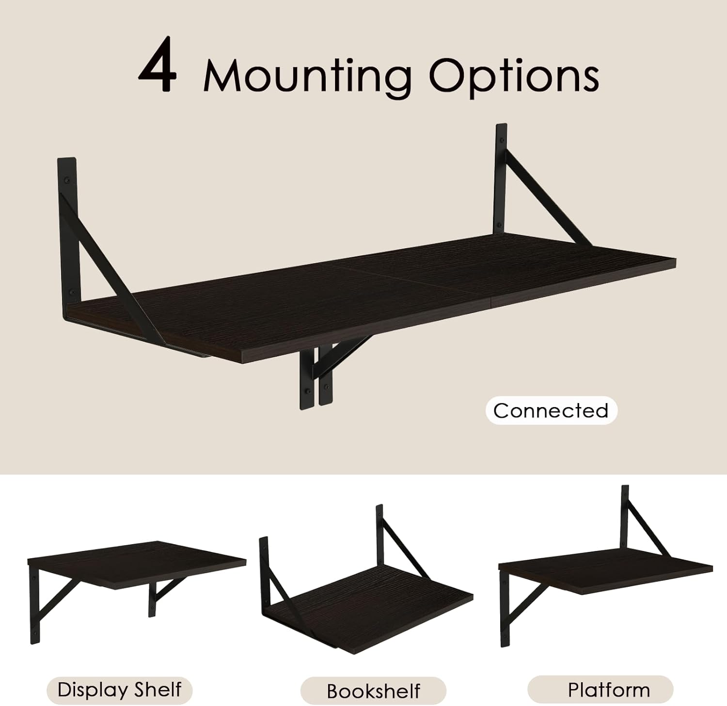 DINZI LVJ Deep Floating Shelves, 16" W x 12" D Wall Shelves Set of 2, Wide Display Shelf Wall Mounted with Brackets, Easy-to-Install Wall Bookshelf for Living Room, Bathroom, Bedroom, Espresso