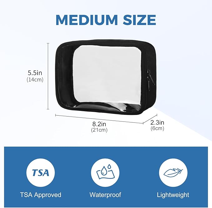 Moyad TSA Approved Clear Toiletry Bag, 3 Pack Quart Size 3-1-1 Liquids Pouch for Travel, Transparent Makeup & Cosmetic Organizer for Women Men, Black