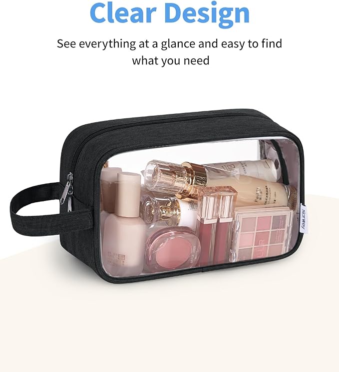Narwey Clear Travel Toiletry Bags for Traveling Toiletries Men Women, Clear Makeup Bag Cosmetic Bag with Zipper, Make Up Pouch Organizer Bags with Handle, Skincare Bag (Black)