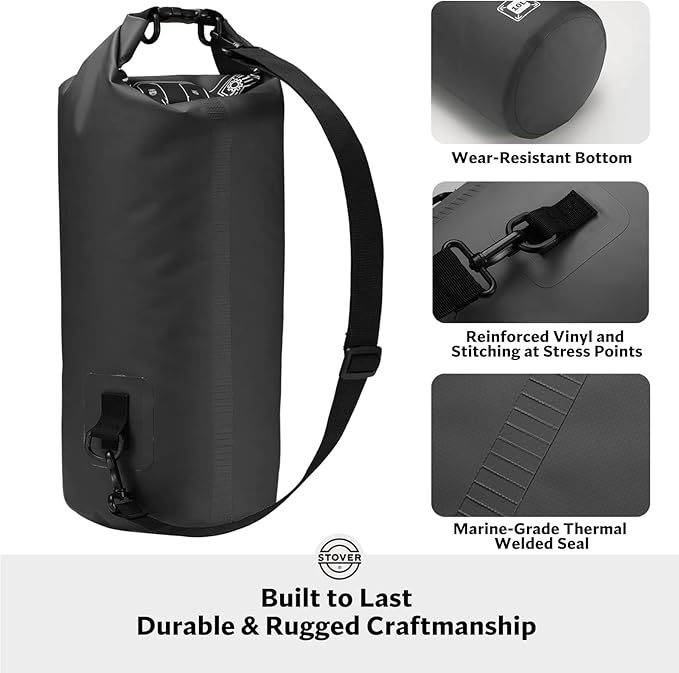 STOVER 5/10/25/30/40/55L Waterproof Dry Bag, Small Lightweight Roll Top Dry Bag Backpack w/Waterproof Phone Case, Kayaking, Travel, Hiking, Fishing, Tubing, Camping, the Beach, Men/Women (Black)