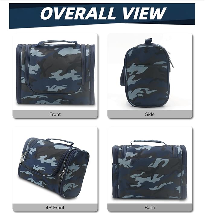 Buruis Large Capacity Toiletry Bag for Women and Men, Hanging Toiletry Organizer Cosmetics Makeup Bag, Water-resistant Dopp Kit Shaving Bags for Full Sized Toiletries, Travel Essentials (Camo Blue)