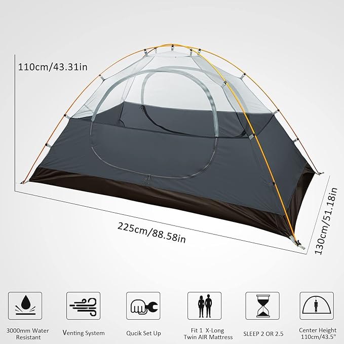 Bessport Camping Tent 1/2 Person Tent Waterproof Two Doors Backpacking Tent Easy Setup Lightweight for Outdoor, Hiking Mountaineering Travel