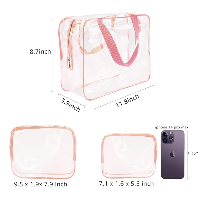 6Pcs Crystal Clear PVC Travel Toiletry Bag Kit for Women Men, Waterproof Vinyl Packing Organizer Storage Bags with Zipper Handle Straps, Cosmetic Pouch Carry on Airport Airline Compliant Bag Handbag