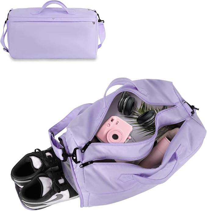 Sports fitness Gym Bag for Women, Yoga Swim Workout Travel Duffel Overnight Shoulder Bags with Shoe Compartment and Wet Pocket Ladies Weekend Carry on Luggage Dance College Purple