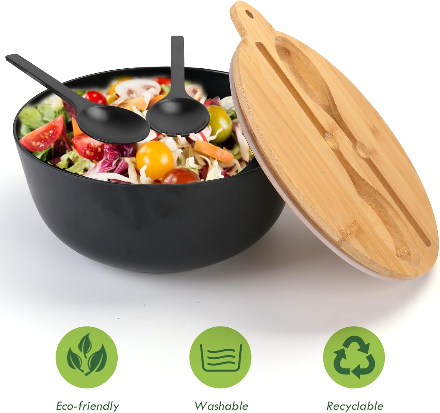 ShineMe Salad Bowl with Lid, 125oz Black Large Salad Mixing Bowl Set with Utensils, Bamboo Fiber Airtight Kitchen Bowl for Storing, & Mixing & Serving & Travelling Indoor & Outdoor