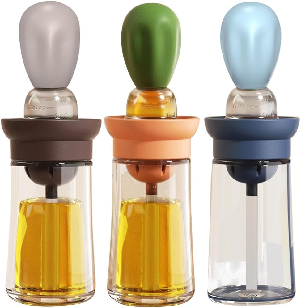 Oil Dispenser with Brush - 3 Pack 2 IN 1 Olive Oil Dispensing Bottle with Basting Brush for Cooking Frying Baking Kitchen, 180ml, T-OB21 Blue+Grey+Green
