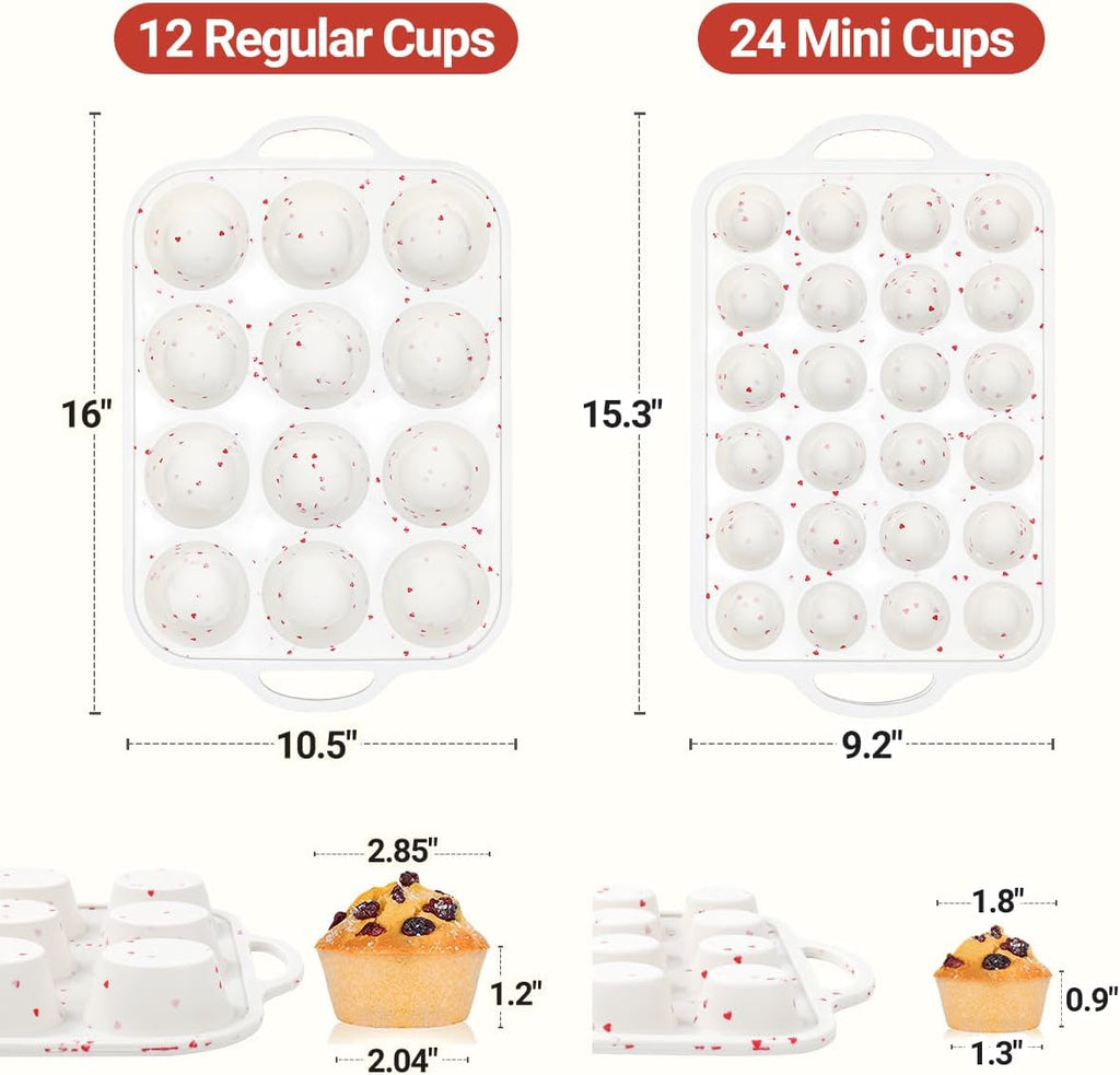 CAKETIME Silicone Muffin Pans for Baking, Metal Reinforced Frame Regular 24 Cups & Mini 12 Cups Cupcake Pan Nonstick Muffin Pan for Homemade Baking Easy to Handle
