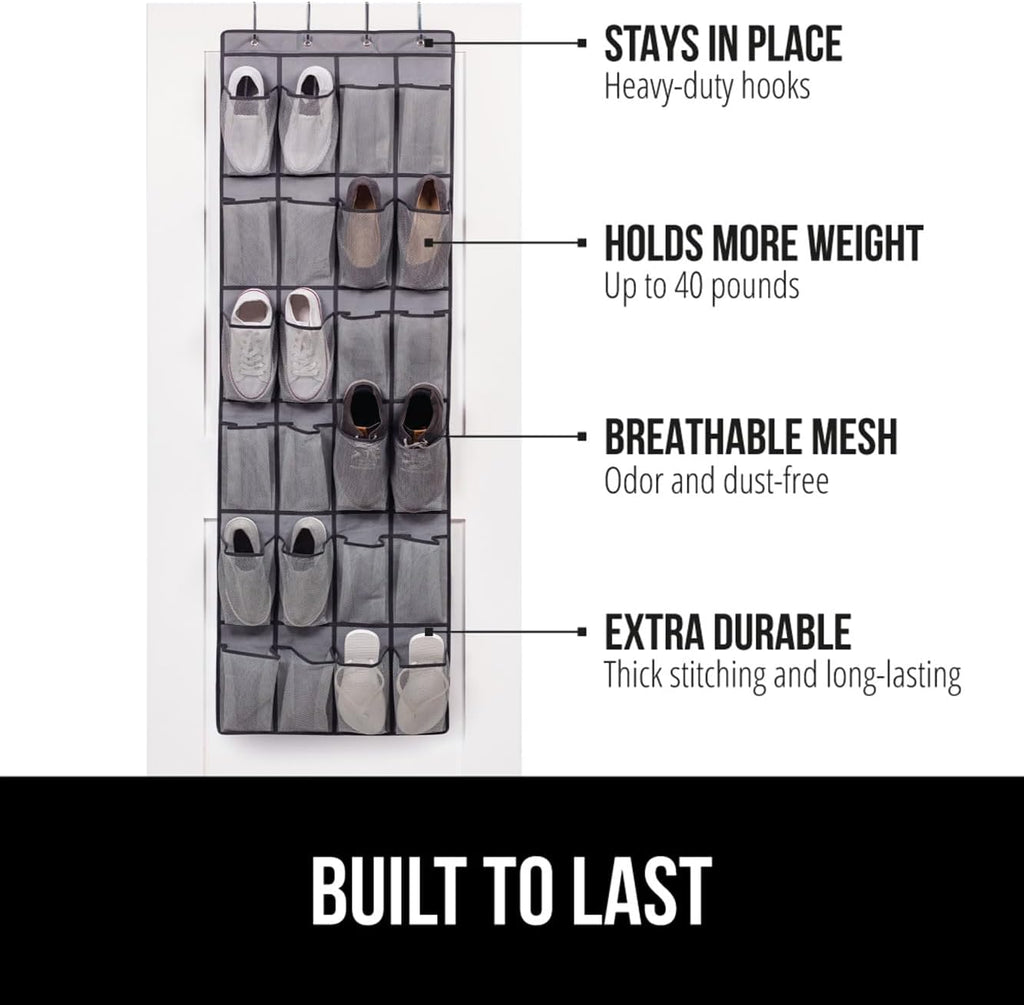 GORILLA GRIP Over the Door Shoe Organizer, 24 Extra Large Breathable Mesh Pockets, Space Saving Hanging Storage Holder, 4 Hook Closet Rack Hanger, Hangs on Closets for Shoes and Accessories, Gray