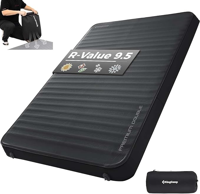 KingCamp Double Sleeping Pad, 2 Person Queen R 7.9 Self Inflating Sleeping Pad, 3" Ultra Thick Full Size Foam Mattress Mat with Pump Sack for Camping Outdoor Tent Car, PVC Free (Black)