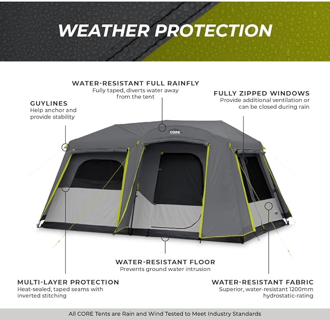 CORE Instant Cabin Tents | 6 Person / 9 Person / 10 Person / 12 Person Family Cabin Multi Room Pop Up Tents Car Camping | Included Storage Pockets for Camping Accessories