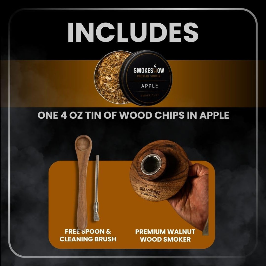 Premium Walnut Wood Cocktail Smoker with One 4 oz Tin of Wood Chips. Great for Whiskey & Old Fashion. Coated in Safe Food Natural Beeswax, Non-toxic Top by Smokeshow (Apple)
