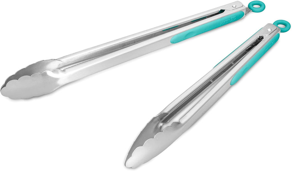 304 Stainless Steel Kitchen Cooking Tongs, 12" and 14" Set of 2 Sturdy Grilling Barbeque Brushed Locking Food Tongs with Ergonomic Grip, Aqua Sky