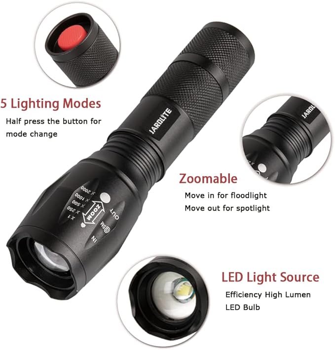 LED Emergency Handheld Flashlight with Adjustable Focus, Water Resistant, 5 Modes, Best Tactical Flashlight for Emergency, Camping and Fishing, 2 Pack
