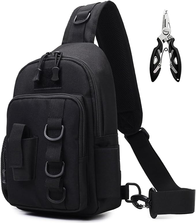 Fishing Sling Bag - Small Fishing Tackle Storage Bags with Rod Holder((Black)