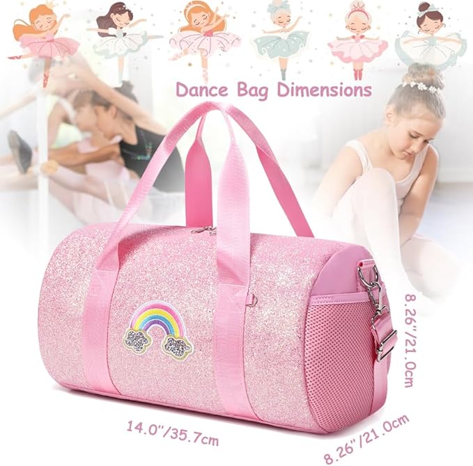 Dance Bag for Girls Ballet Bag Shiny Rainbow Glitter Sports Duffle Bag for Kids Girls Ballerina Duffle with Waterproof Dry Wet Separated Compartment