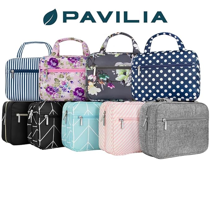 PAVILIA Hanging Toiletry Bag Travel Bag Women Men, Foldable Cosmetic Organizer, Roll up Makeup Bag, Water Resistant Accessories Toiletries, Large Travel Essentials Kit (Navy Stripe)