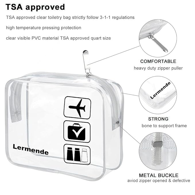 Lermende 2pcs Clear Toiletry Bag TSA Approved Travel Bag,Carry On for Travel,Airport Airline Accessories Compliant Bag,Quart Sized Makeup Cosmetic bag Women Men (Black Clear, 2 Pack)