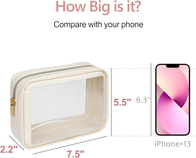 PACKISM Clear Makeup Bag - Soft Plastic Color-Edged TSA Approved Toiletry Bag, Reusable Clear Toiletry Bags with Golden Zipper, Beige