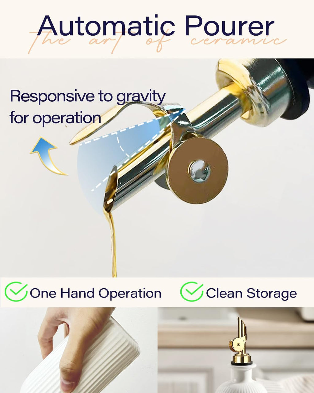 getstar 18 oz Olive Oil Dispenser Bottle for Kitchen, Ceramic Oil Bottle with Automatic Stainless Steel Pourer (Golden Pourer)