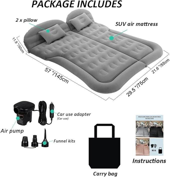 SAYGOGO SUV Air Mattress Camping Bed Cushion Pillow - Inflatable Thickened Car Air Bed with Air Pump Portable Sleeping Pad Mattress for Home Car Travel Camping Upgraded Version - Grey