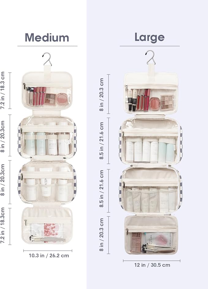 Narwey Hanging Toiletry Bag for Women Travel Makeup Bag Organizer Toiletries Bag for Travel Size Essentials Accessories Cosmetics (Grayish Blue Checkerboard (Medium))