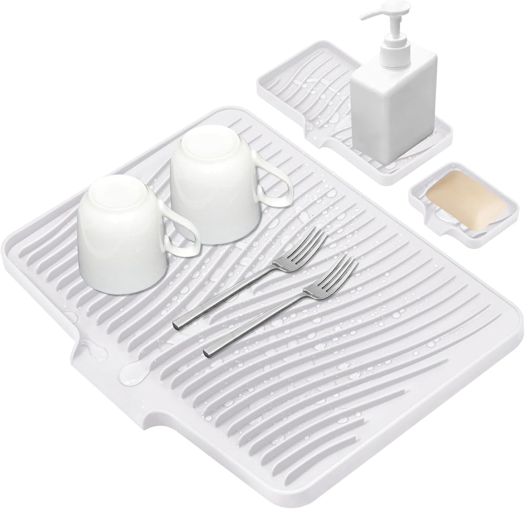 Silicone Dish Drying Mat for Kitchen Counter, Dish Drying Pad, Non-Slip Drain Pad with Built-in Drain, Heat Resistant Stone Drying Mat,Large 1 set XL(Ivory)