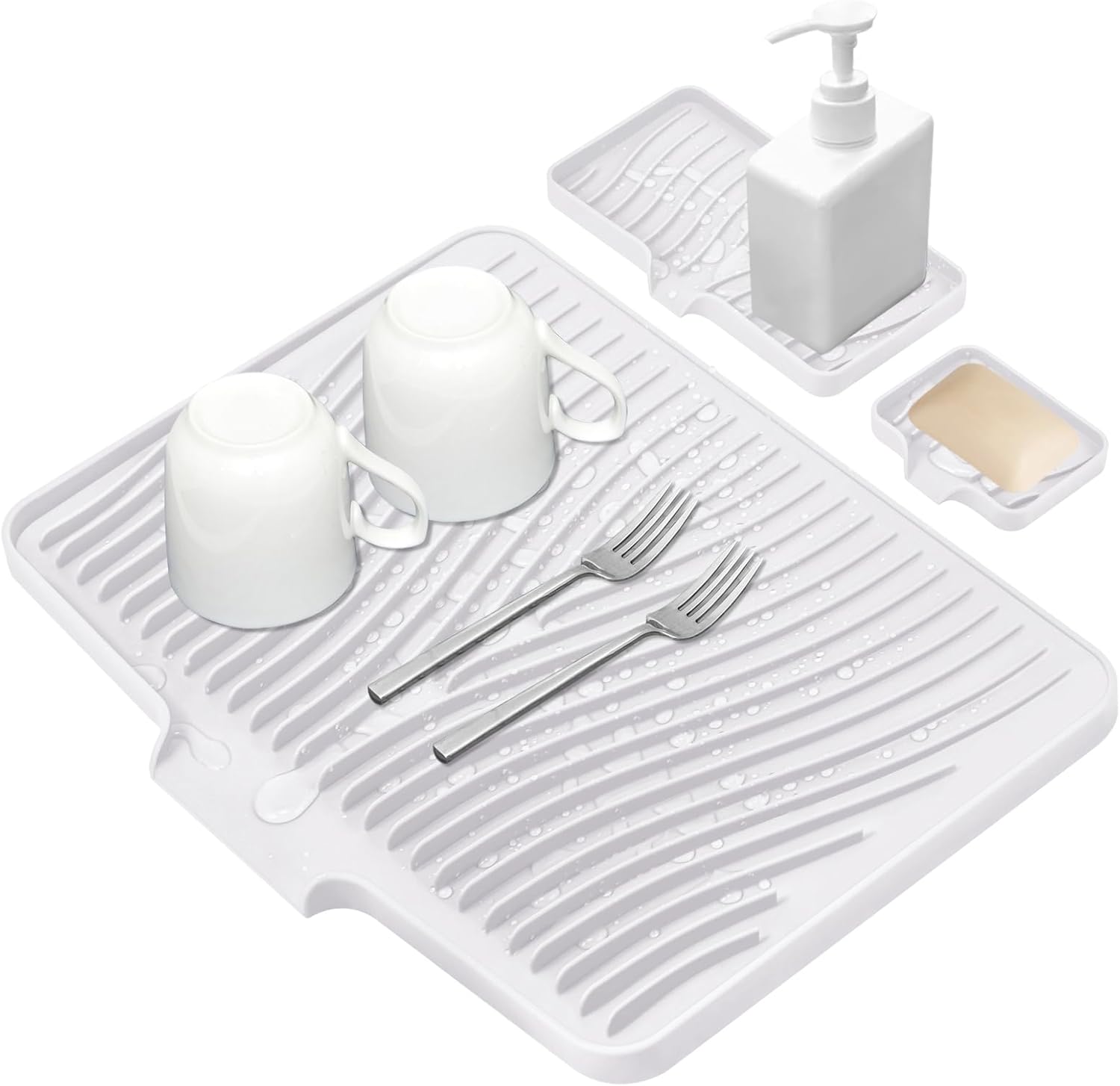 Silicone Dish Drying Mat for Kitchen Counter, Dish Drying Pad, Non-Slip Drain Pad with Built-in Drain, Heat Resistant Stone Drying Mat,Large 1 set XL(Ivory)