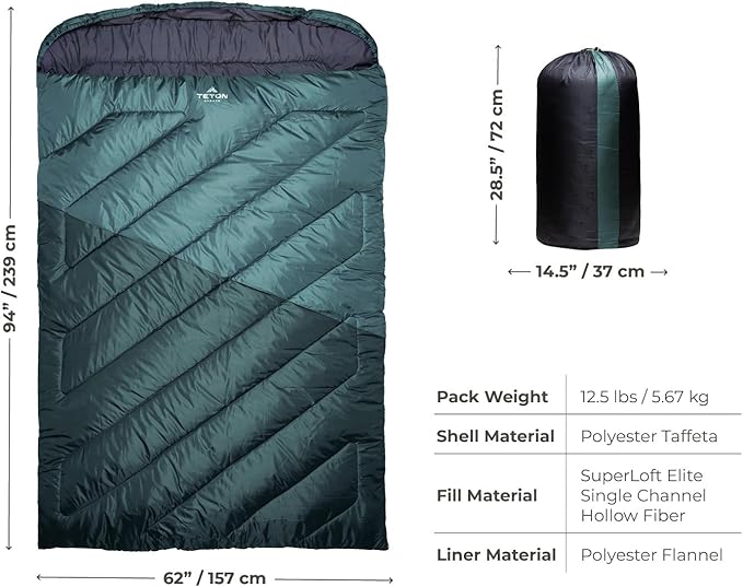 Teton Mammoth Queen Size Double Sleeping Bag- A Warm Bag The Whole Family can Enjoy – Great for Camping, Hunting and Base Camp. Compression Sack Included