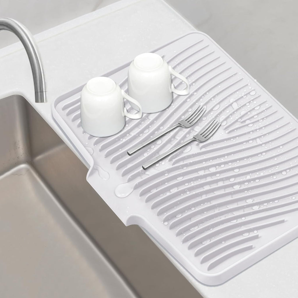 Silicone Dish Drying Mat, Stone Drying Mat for Kitchen Counter with Built-In Drain, Non-Slip Drying Matt Kitchen Counter, Heat Resistant Dish Drying Pad, 1 Pc (19.7" x 17",Ivory)