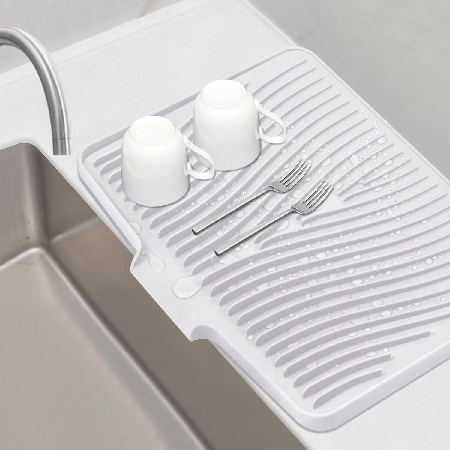 Silicone Dish Drying Mat, Stone Drying Mat for Kitchen Counter with Built-In Drain, Non-Slip Drying Matt Kitchen Counter, Heat Resistant Dish Drying Pad, 1 Pc (19.7" x 17",Ivory)