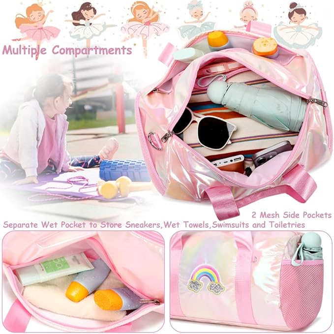 Dance Bag for Girls Dancers Ballet Bag Shiny Rainbow Sports Duffle Bag for Girls Ballerina Gym Duffle with Waterproof Dry Wet Separated Compartment